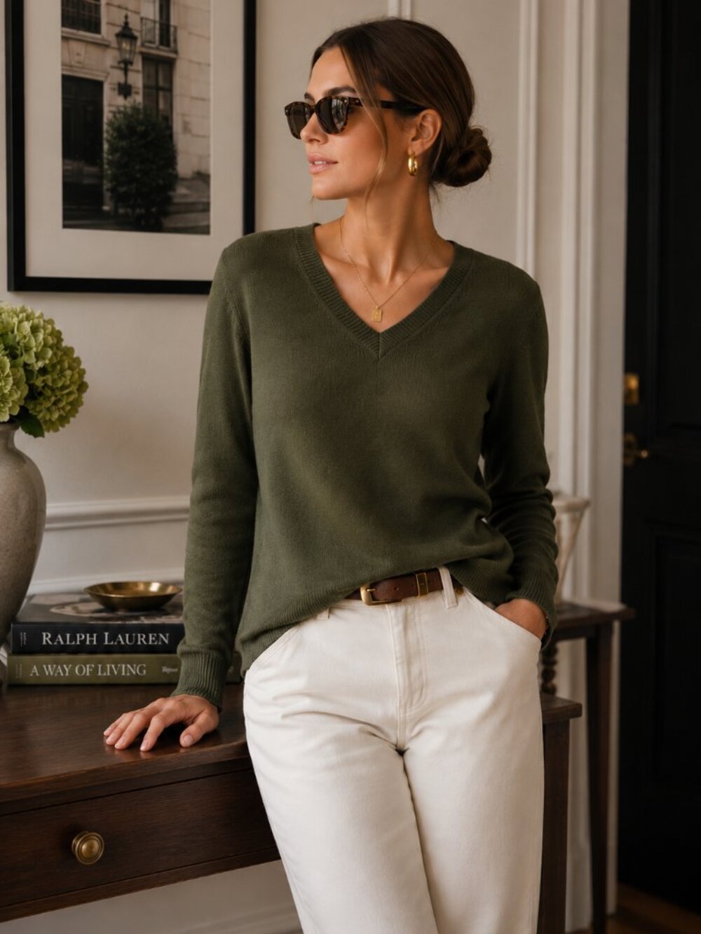 Pursuits Ltd 100% Italian Merino Wool Olive V-Neck Sweater L